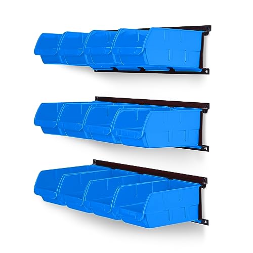 Ultrawall Wall Mounted Storage Bins, Plastic Hanging Storage Organizer Bins, Garage Tool Storage System for Screws, Nuts, Bolts, Nails, and Small Hardware Parts, 12x bins & 3 x rails, Blue - color: Blue