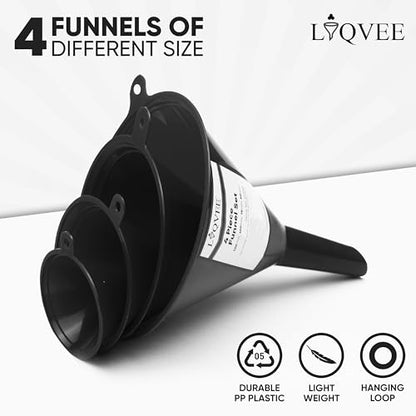 LIQVEE™ Funnels for Kitchen Use – Black Set in 4 Sizes (122, 101, 76 & 50mm) | Durable, Non-Toxic Food Grade Plastic – Ideal for Filling Bottles, Jars & Containers | Perfect for Kitchen, Garage & Labs