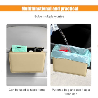 Car Trash Can, Auto Leather Trash Bin Garbage Organizer Holder with One Roll Trash Bag, Mini Foldable Dustbin Storage Bag Container, Multi-Function Trash Box for Car SUV (Beige) - color: Beige