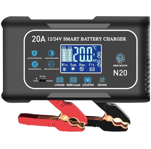 Battery Charger 0-20A 12V and 24V Lithium, LiFePo4, Lead Acid (AGM/Gel/SLA), Smart Car Battery Charger and Maintainer, Trickle Charger with Pulse Repair for Car, Boat, Marine, deep Cycle