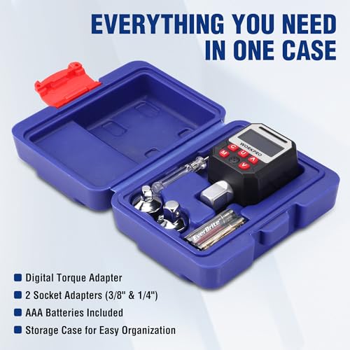 WORKPRO 1/2" Drive Digital Torque Adapter, 7.38-147.5 ft-lb (10-200 Nm), Electronic Torque Wrench Adapter with Buzzer Alert, 1/4" & 3/8" Adapters, Batteries & Case Included