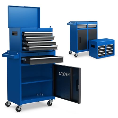 Goplus Rolling Tool Chest, 5-Drawer Tool Box Organizer w/Lockable Wheels & Sliding Drawers & Detachable Top & Adjustable Shelf, Tool Storage Cabinet for Garage Workshop (Blue) - color: Blue, style: 5 Drawers