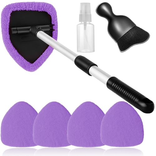 Qydipclin 7pcs Windshield Cleaner Tool Car Window Cleaning Wash Kit with 4 Reusable Microfiber Pads 1 Spray Bottle and Extendable Handle Auto Glass Wiper Kit, Purple - color: Purple