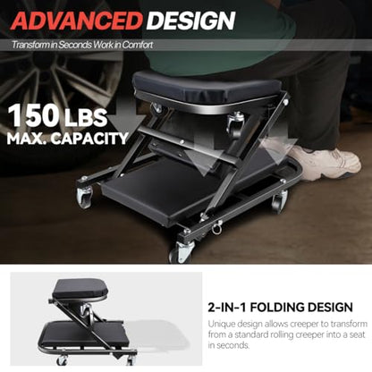 Foldable Creeper, 2-in-1 Rolling Garage Z Creeper Car & Seat, 40" Roller Mechanics Under Car Chair, 330 LBS Weight Capacity Heavy Duty, Black - color: Black, size: 40 Inch Length