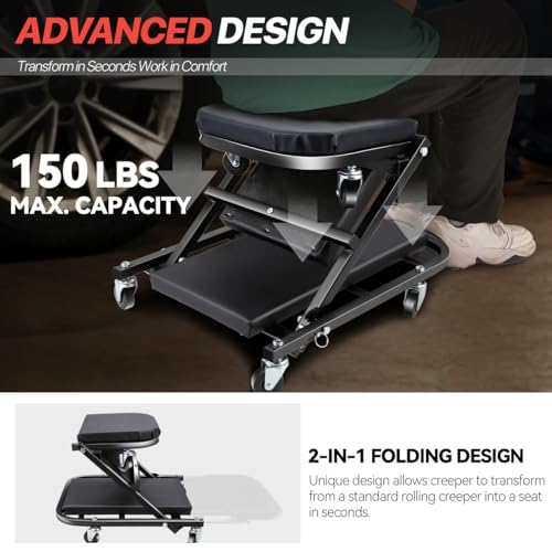 Foldable Creeper, 2-in-1 Rolling Garage Z Creeper Car & Seat, 40" Roller Mechanics Under Car Chair, 330 LBS Weight Capacity Heavy Duty, Black - color: Black, size: 40 Inch Length