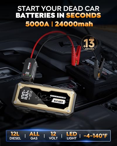 Car Jump Starter with 65W Quick Charger 24000mAh Battery Pack,12V Car Battery Jumper Starter Portable,LED Display,All Gas 12L Diesel Engine Booster,Jump Box with LED Light,Jump Cable - color: Gold