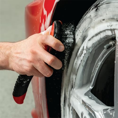 Mothers Tire Brush and Wheel Cleaning Brush for Car Detailing, Stiff Bristles for Tires, Wheels & Rubber Sidewalls, Ergonomic Non-Slip Handle, Car Wash Brush for Auto, Motorcycle, RV & Truck, Red