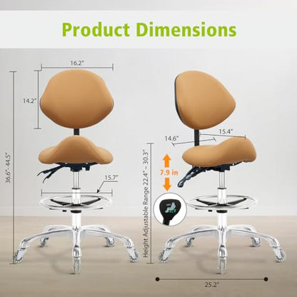 Saddle Stool Chair with Wheels,Ergonomic Swivel Rolling Height Adjustable for Salon Beauty Clinic Dentist Tattoo Home Office - color: Camel, size: With Backrest