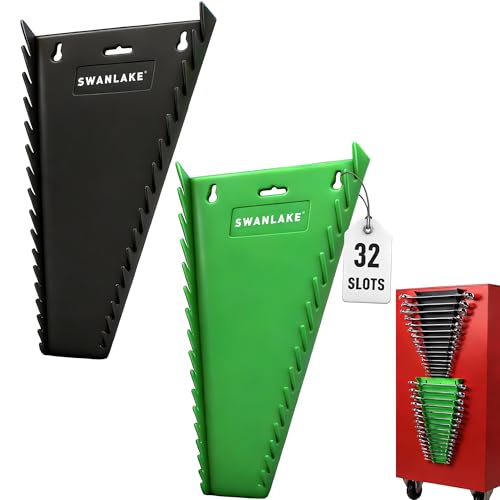 Magnetic Wrench Organizer 2-Piece, 32-Slot Drawer Storage, SAE (1/4" to 1-1/16"), Metric (6mm to 24mm), Green and Black - color: 32-Slot Green&Black