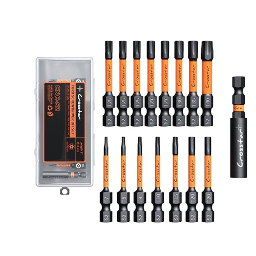 Crosstar 16 Pcs 2" Impact Torx Bit Set, S2 Steel Magnetic Security Star Bits, Tamper Proof Torx Screwdriver Bits with CNC Tips for Drill/Driver, Automotive, Woodworking & Home Repair - size: T7-T40 (2IN)
