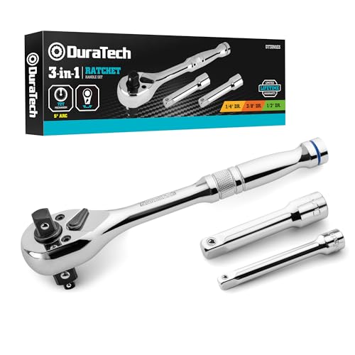 DURATECH 3-IN-1 Ratchet Handle, 1/4", 3/8", 1/2", with 2 Extension Bars | 72-Tooth, Reversible Switch, Full-Polished Chrome Plating, Alloy Steel - style: Ratchet Set