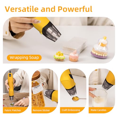 DELI Mini Heat Gun, 350W Dual Temp 500℉/842℉ (260℃/450℃) with Reflector & Extra Nozzles, 6 FT Cable, Overload Protection – for Crafting, Vinyl Wrap, Epoxy, Resin, Shrink Tubing (Yellow) - color: Yellow