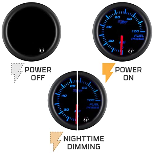 GlowShift Tinted 7 Color 100 PSI Fuel Pressure Gauge Kit, 2-1/16" 52mm | Includes 1/8-27 NPT Electronic Sensor & Wiring, Multi-Color Analog Display, Black Dial, Smoked Lens, For Car & Truck