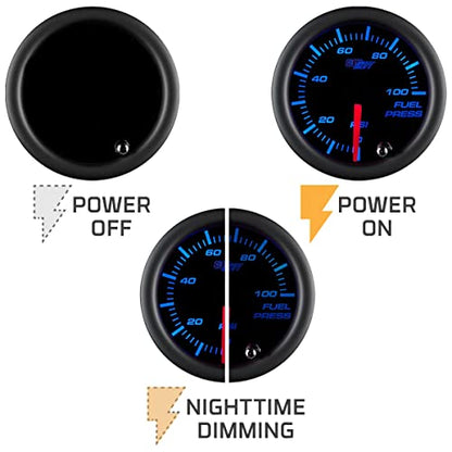 GlowShift Tinted 7 Color 100 PSI Fuel Pressure Gauge Kit, 2-1/16" 52mm | Includes 1/8-27 NPT Electronic Sensor & Wiring, Multi-Color Analog Display, Black Dial, Smoked Lens, For Car & Truck