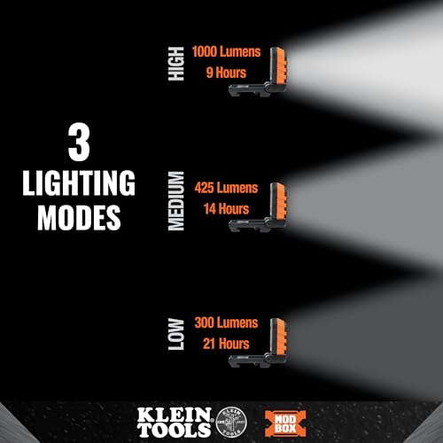 Klein Tools 56416 Rechargeable LED Work Light, 1000-Lumens, Magnetic Work Light with 3 Modes, 360-Degree Rotation and Kickstand, Compatible with MODbox Rail System