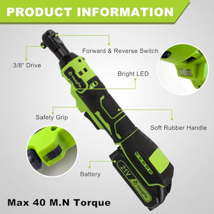 Electric Ratchet Wrench 21V, 3/8" Cordless Ratchet Wrench 40 N.M, Battery Powered Ratchet with Battery & Charger (2.0Ah), Power Socket Torque Wrench Ratchet with 7 Sockets