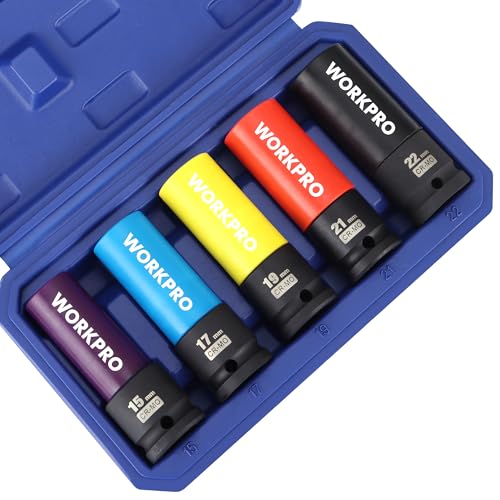 WORKPRO 1/2" Drive Lug Nut Socket Set, 5 Pieces 15 17 19 21 22 MM Non-Marring Lug Nut Wheel Socket Set, Thin Wall Wheel Protector Nut Socket