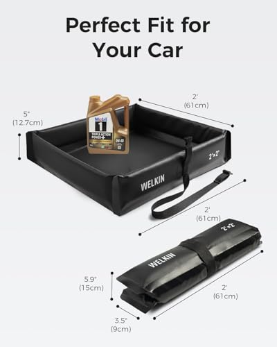 WELKIN Spill Containment Berm, Folding Duck Pond, Portable Secondary Containment Tray, for Oil Changes and Under Drip Protection (Black, 2' x 2')