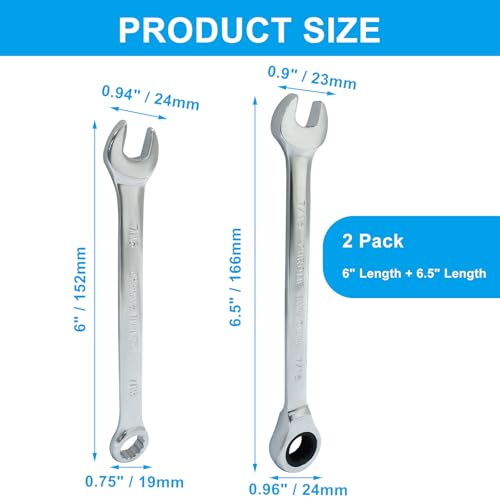 7/16 Inch Ratcheting Wrench 2 Pcs 72-Tooth 12-Point Chrome Plated | Forged 45# Carbon Steel Durable, 5-Degree Arc For Tight Spaces, 12-Point Protects Fasteners, Polished Chrome Anti-Rust - size: 0.44 Inch