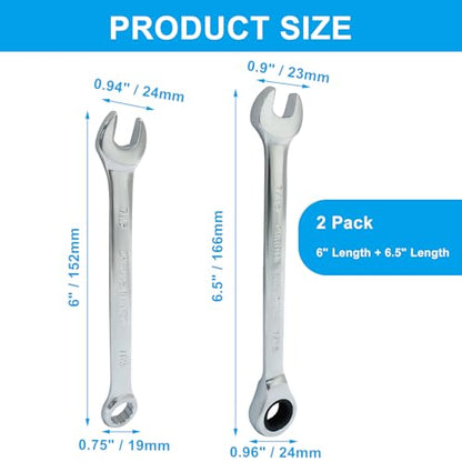 7/16 Inch Ratcheting Wrench 2 Pcs 72-Tooth 12-Point Chrome Plated | Forged 45# Carbon Steel Durable, 5-Degree Arc For Tight Spaces, 12-Point Protects Fasteners, Polished Chrome Anti-Rust - size: 0.44 Inch