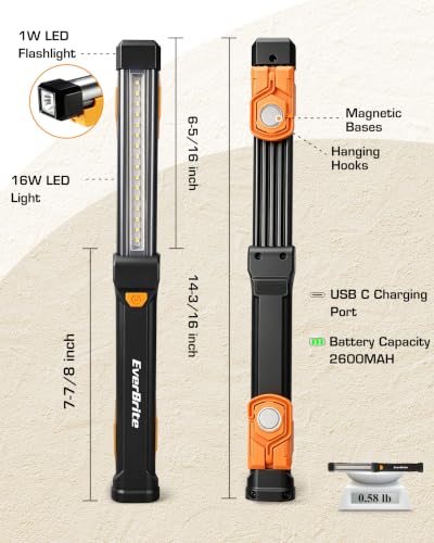 EverBrite 1000LM Magnetic Work Light, Rechargeable LED Mechanic Light with Dual Magnetic Bases & 360° Hanging Hooks, 4 Modes Under Hood Work Light for Car Repair, Garage, Emergency, 2 Pack Black - color: Black