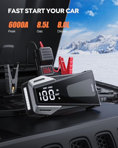 Portable Car Battery Jump Starter 6000A 21800mAh, Car Battery Jumper Starter Portable Jumper Cables for car(8.5L Gas/8.0L Diesel),Jump Box with USB Quick Charge, Lights, Compact