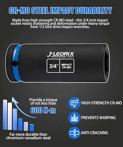 3/4in (19.05mm) Deep Impact Socket 1/2" Drive CR-MO Steel 6-Point | CR-MO steel impact socket set. 1/2" drive, 6-point design. Deep reach for lug nuts & axle nuts. - size: 3/4in (19.05mm)