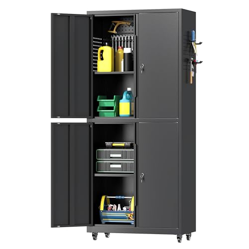 71" H Metal Tool Storage Cabinet with Lock and Wheels, Heavy Duty Garage Cabinet with 4 Doors and 2 Adjustable Shelves, Tool Organizer with Pegboard for Garage, Warehouse(Black, 71" H) - color: Black, size: 71"H Tool Cabinet(4-Door)