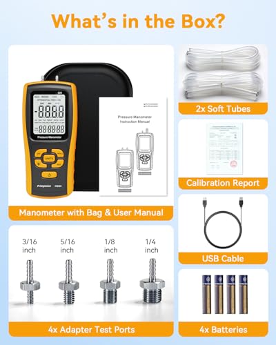 Digital Manometer Gas Pressure Tester, Dual-Port Air Pressure Meter for HVAC, Furnace Ducts, Heater Gas Valve, Gas Furnace, Boilers, Air Pump, Evap Leaks