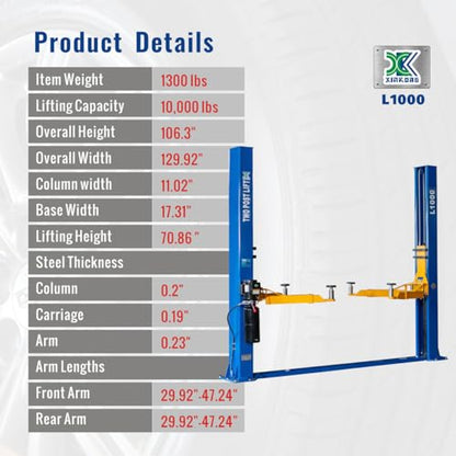 XK-L1000 110V 10,000 LB 2 Post Lift Car Auto Truck Hoist 110V with 12 Month Parts Replacement