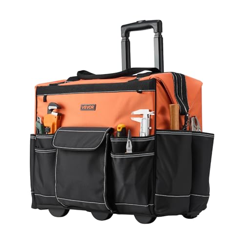 VEVOR 20" Rolling Tool Bag, 110 lbs Load Capacity, 27 Pockets Heavy Duty Roller Tool Bag on Wheels, Adjustable Telescoping Handle & Stable Base, Toolbag Organizers w/Wheels for Construction, Mechanic - size: 20 in