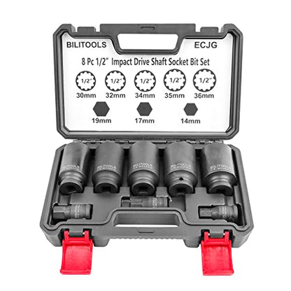 BILITOOLS 12 Point Axle Nut Socket Set, 1/2" Drive Spindle Nut Socket Set | for Wheel Bearing & CV Axle, Impact Deep 14mm 17mm 19mm 30mm 32mm 34mm 35mm 36mm, Compatible with Toyota, Honda, BMW, VW,Audi