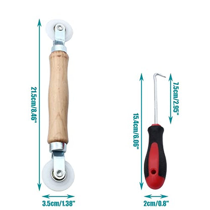 3 Pcs Window Door Screen Repair Kit | Screen Spline Roller Tool, Wooden Handle, Nylon Bearing Wheels, Removal Hook