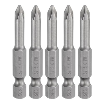 HARFINGTON 5pcs #1 Phillips Screwdriver Bit PH1 1/4" Hex Shank 2" (50mm) Long Magnetic S2 Steel Industrial Grade Screw Driver Bit Cross Head Electric Drill Bits 0.197" (5mm) Rod - size: PH1 x 50mm x 5mm