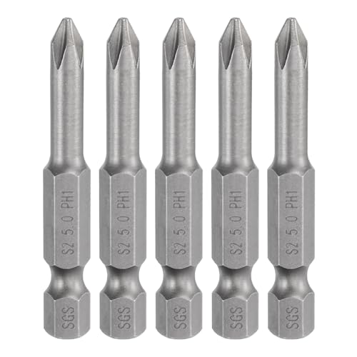 HARFINGTON 5pcs #1 Phillips Screwdriver Bit PH1 1/4" Hex Shank 2" (50mm) Long Magnetic S2 Steel Industrial Grade Screw Driver Bit Cross Head Electric Drill Bits 0.197" (5mm) Rod - size: PH1 x 50mm x 5mm