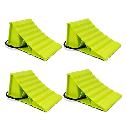 ROBLOCK 4 Pairs Wheel Chocks for Travel Trailers, Non Slip Base Heavy Duty Green Camper Wheel Chockwith Rope, Lightweight Wheel Stoppers for Cars, Camper Trucks, RVs, Easy to Carry, Green