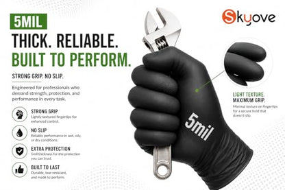 SKYOVE 5 Mil Black Nitrile Gloves Disposable 100 Count Heavy Duty Industrial Grade Textured Grip Latex Free Powder Free - size: Medium