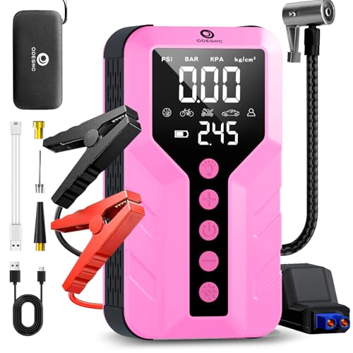 Jump Starter with Air Compressor for All-Terrain Vehicles, Deep Pink, Lithium Ion, 12 Volts, 6000 Amps Peak, 25000mAh - color: Deep Pink