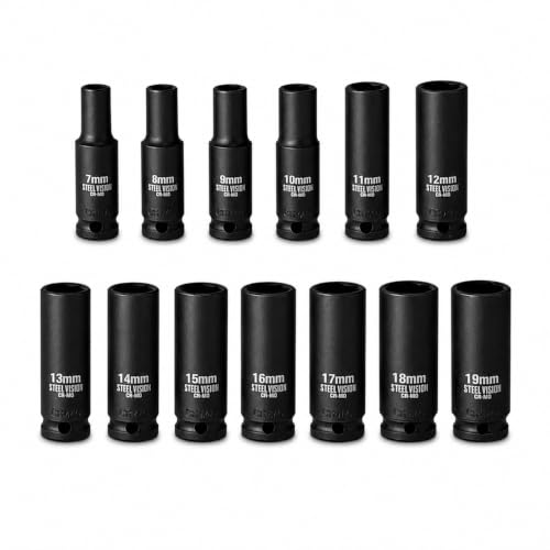 13‑Piece 3/8″ Drive Metric Deep Impact Socket Set, 6‑Point Laser‑Etched 7‑19 mm, Chrome‑Moly Steel, Heavy‑Duty Storage Case - size: 3/8"_13pc