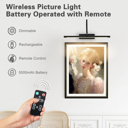 JOOSENLUX 16" Dimmable Picture Light, LED, Battery Operated, Wireless, Adjustable Arm, Remote Controlled, Rechargeable, Wall-Mounted, Modern & Stylish - Ideal for Gallery, Library, and Photo Display - color: Black, size: Model A