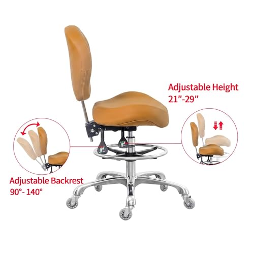 Grace&Grace Drafting Stool Adjustable Foot Ring with Wheels, Rolling Stool with Back Support for Studio, Classroom, Lab, Counter, Medical (Camel) - color: Camel