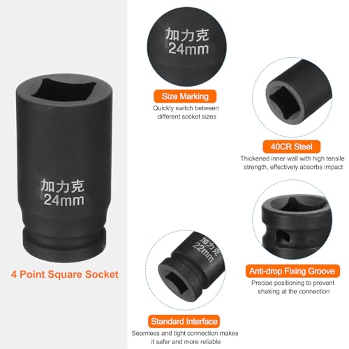HARFINGTON 2pcs 4 Point Square Socket 3/4" Drive by 24mm Metric Square Impact Socket 40CR Blackening Standard Wheel Sockets Pneumatic Socket for Auto Repair Mechanical Maintenance Home Use - size: 24mm