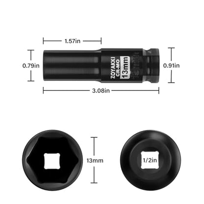 1/2" Drive 13mm Deep 6 Pt CR-MO Metric Impact Socket for Axle Nuts - size: 13mm, style: 1/2" Drive Deep