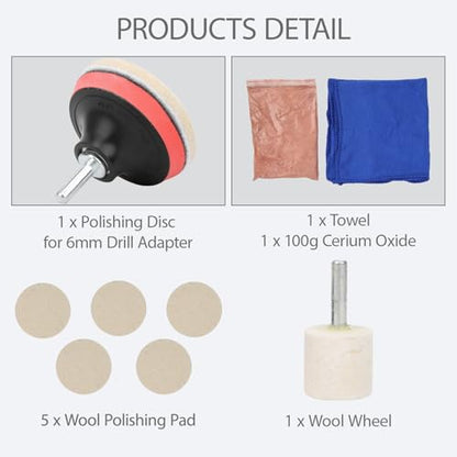 Car Glass Scratch Remover Kit, Windshield Scratch Remover, with 100g Cerium Oxide Powder oxido de cerio, Glass Polish and Wheels Set Polish Pads for Windshield Glass Scratch Remove