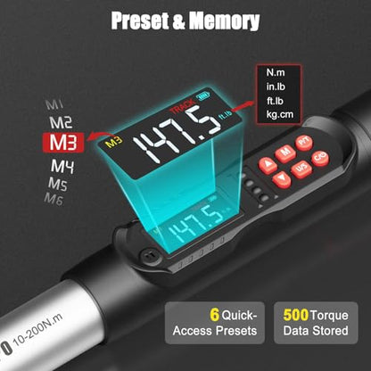 VANPO 1/2 Drive Digital Torque Wrench Set 7.4-147.5 ft.lb, ±2% Accuracy | 10-200 Nm, Electronic Torque Wrench with Sockets & Extension Bar, Buzzer/LED/Vibration Alarm, for Tire Lug Nuts, Auto Repair - size: 1/2-Inch (7.38-147.5 ft.lb/10-200 N.m)