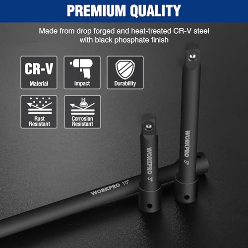 WORKPRO 3/8" Drive Impact Extension Bar Set, Socket Extensions | 3 PCS Socket Extensions, 3”, 5” and 10” Length, Premium Chrome Vanadium Steel with Black Phosphate Finish - style: 3/8" DR