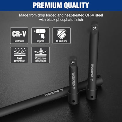 WORKPRO 3/8" Drive Impact Extension Bar Set, Socket Extensions | 3 PCS Socket Extensions, 3”, 5” and 10” Length, Premium Chrome Vanadium Steel with Black Phosphate Finish - style: 3/8" DR