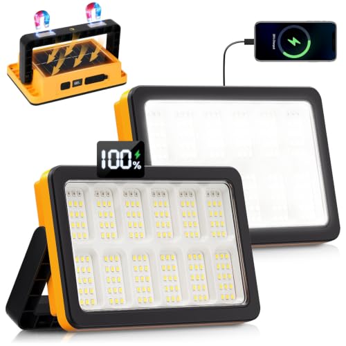 AFTIXM 2Pack 120W Solar Rechargeable Work Light with Magnetic Stand | 10000LM, 180 LED, Digital Display, IP66 Waterproof, 5 Modes, USB Output, Portable, for Mechanic/Car Repair/Camping/Fishing