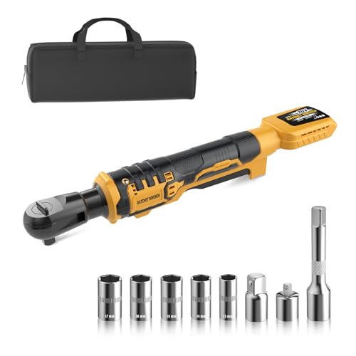 Cordless 3/8" Ratchet Wrench for Dewalt 20V Battery, 88Ft-lbs (Tool Only) | 120N.m, 500 RPM, Electric Ratchet Wrench Set, Variable Speed, LED Light, 5 Sockets, 1/4" & 1/2" Adaptors, 3" Extension Bar - color: Yellow