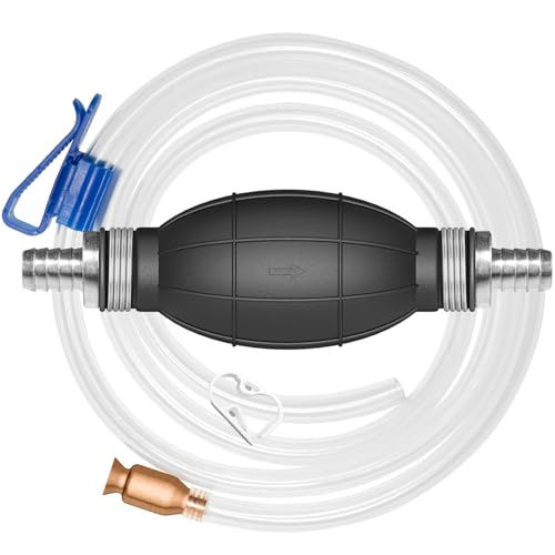 Hand Siphon Pump - Fuel Transfer Pump, Portable Gasoline Transfer Pump with 10 Ft PVC Hoses, Clip & Brass for Oil, Diesel, Water & Liquids. - color: White